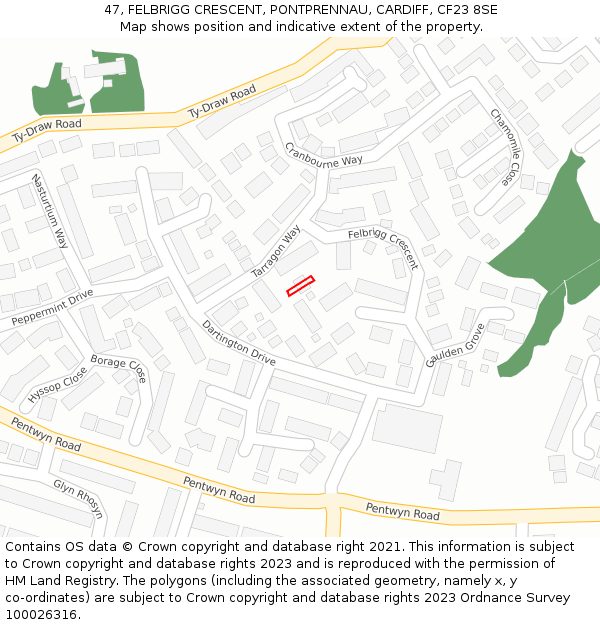 47, FELBRIGG CRESCENT, PONTPRENNAU, CARDIFF, CF23 8SE: Location map and indicative extent of plot