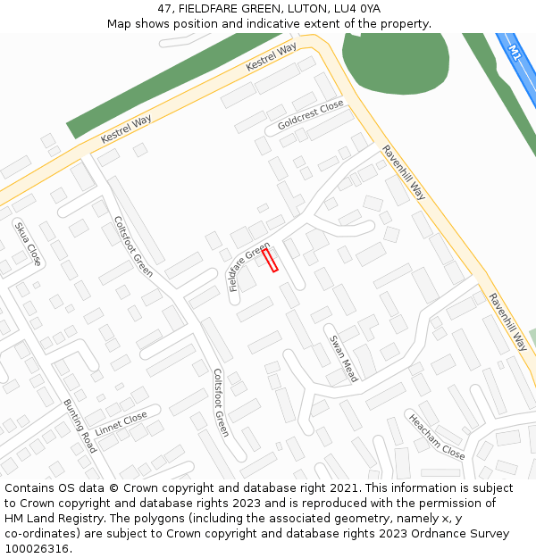 47, FIELDFARE GREEN, LUTON, LU4 0YA: Location map and indicative extent of plot