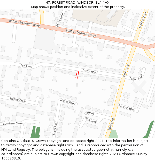 47, FOREST ROAD, WINDSOR, SL4 4HX: Location map and indicative extent of plot