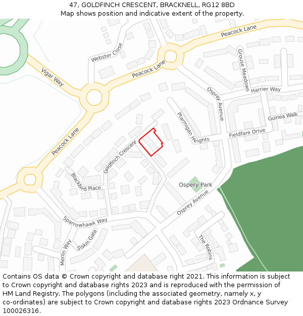 47, GOLDFINCH CRESCENT, BRACKNELL, RG12 8BD: Location map and indicative extent of plot
