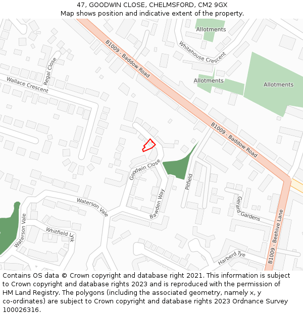 47, GOODWIN CLOSE, CHELMSFORD, CM2 9GX: Location map and indicative extent of plot