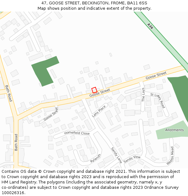 47, GOOSE STREET, BECKINGTON, FROME, BA11 6SS: Location map and indicative extent of plot