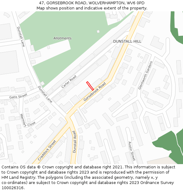 47, GORSEBROOK ROAD, WOLVERHAMPTON, WV6 0PD: Location map and indicative extent of plot