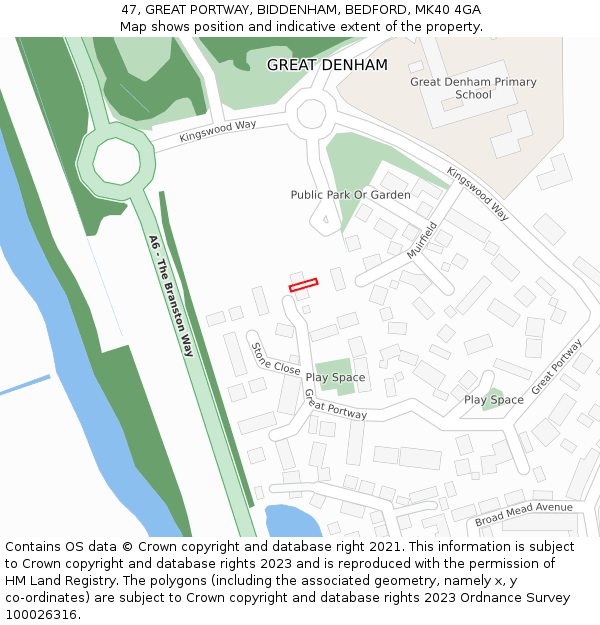 47, GREAT PORTWAY, BIDDENHAM, BEDFORD, MK40 4GA: Location map and indicative extent of plot