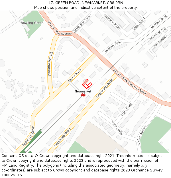47, GREEN ROAD, NEWMARKET, CB8 9BN: Location map and indicative extent of plot