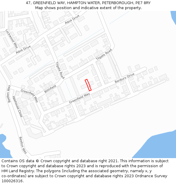 47, GREENFIELD WAY, HAMPTON WATER, PETERBOROUGH, PE7 8RY: Location map and indicative extent of plot