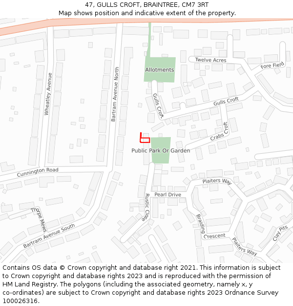 47, GULLS CROFT, BRAINTREE, CM7 3RT: Location map and indicative extent of plot