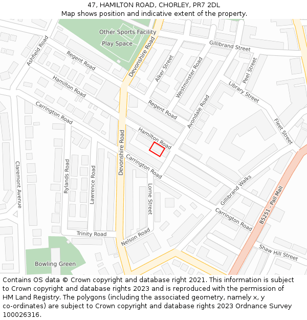 47, HAMILTON ROAD, CHORLEY, PR7 2DL: Location map and indicative extent of plot