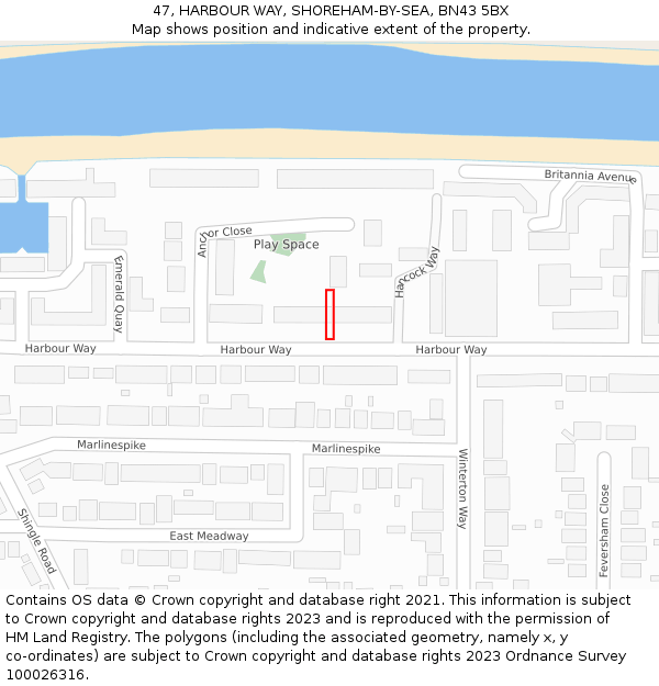 47, HARBOUR WAY, SHOREHAM-BY-SEA, BN43 5BX: Location map and indicative extent of plot