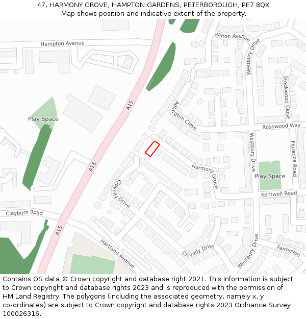 47, HARMONY GROVE, HAMPTON GARDENS, PETERBOROUGH, PE7 8QX: Location map and indicative extent of plot