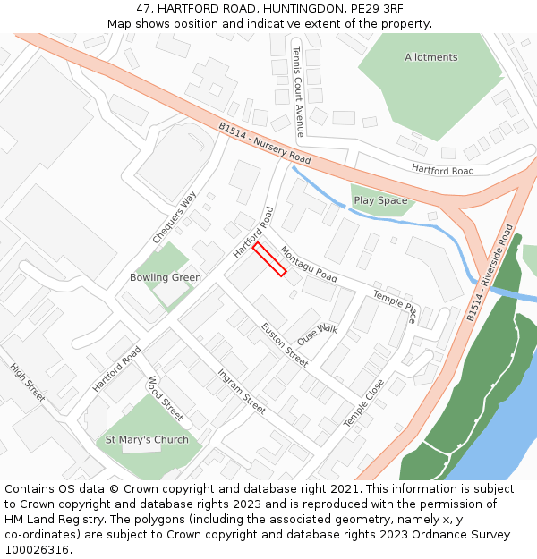 47, HARTFORD ROAD, HUNTINGDON, PE29 3RF: Location map and indicative extent of plot