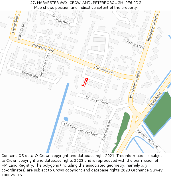 47, HARVESTER WAY, CROWLAND, PETERBOROUGH, PE6 0DG: Location map and indicative extent of plot