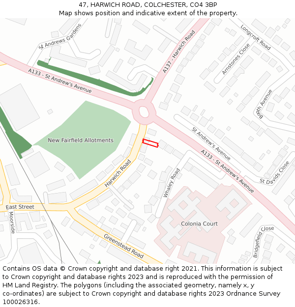 47, HARWICH ROAD, COLCHESTER, CO4 3BP: Location map and indicative extent of plot