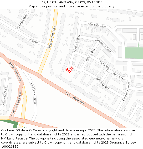 47, HEATHLAND WAY, GRAYS, RM16 2DF: Location map and indicative extent of plot