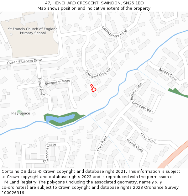 47, HENCHARD CRESCENT, SWINDON, SN25 1BD: Location map and indicative extent of plot