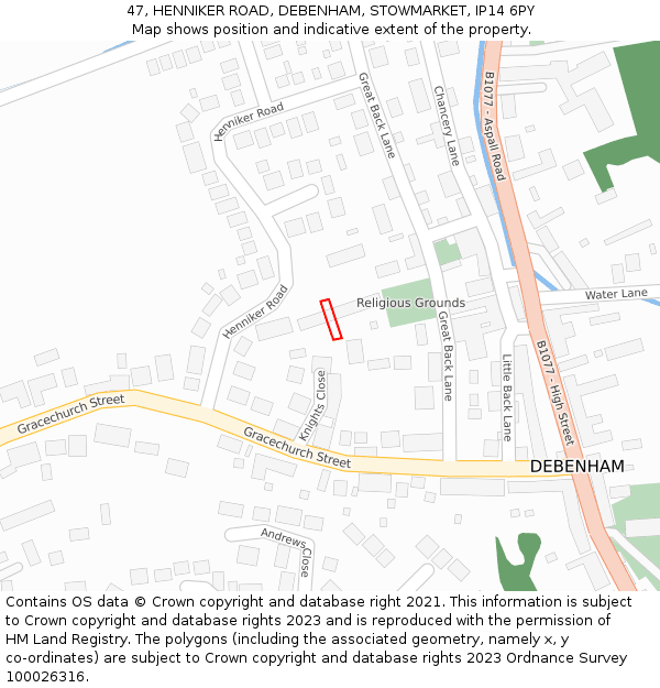 47, HENNIKER ROAD, DEBENHAM, STOWMARKET, IP14 6PY: Location map and indicative extent of plot