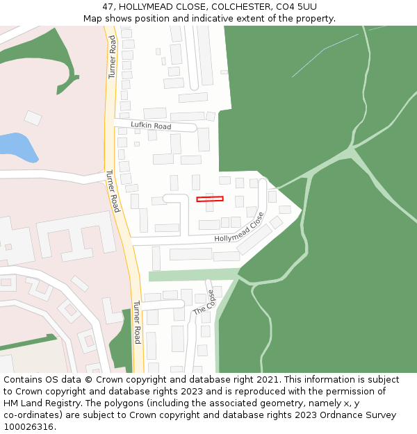 47, HOLLYMEAD CLOSE, COLCHESTER, CO4 5UU: Location map and indicative extent of plot