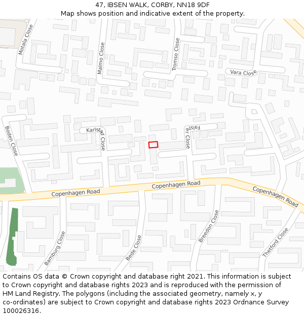47, IBSEN WALK, CORBY, NN18 9DF: Location map and indicative extent of plot