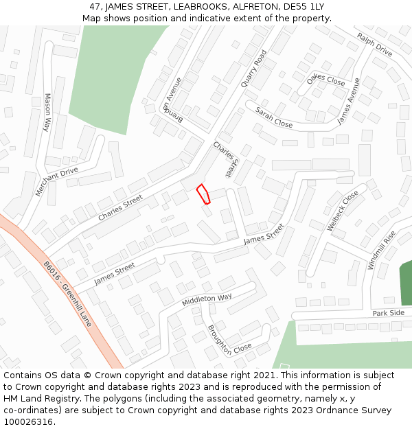 47, JAMES STREET, LEABROOKS, ALFRETON, DE55 1LY: Location map and indicative extent of plot