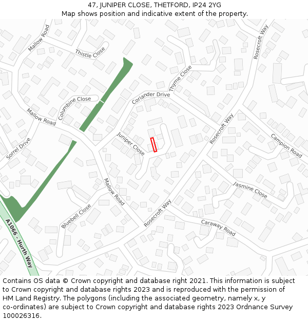 47, JUNIPER CLOSE, THETFORD, IP24 2YG: Location map and indicative extent of plot