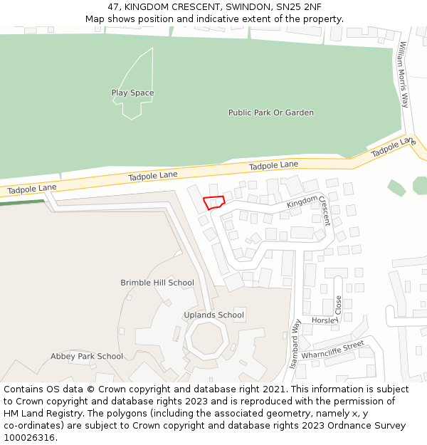 47, KINGDOM CRESCENT, SWINDON, SN25 2NF: Location map and indicative extent of plot