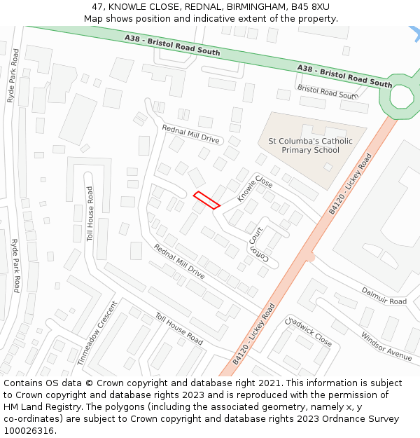 47, KNOWLE CLOSE, REDNAL, BIRMINGHAM, B45 8XU: Location map and indicative extent of plot
