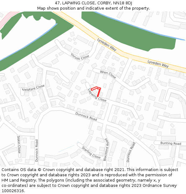 47, LAPWING CLOSE, CORBY, NN18 8DJ: Location map and indicative extent of plot