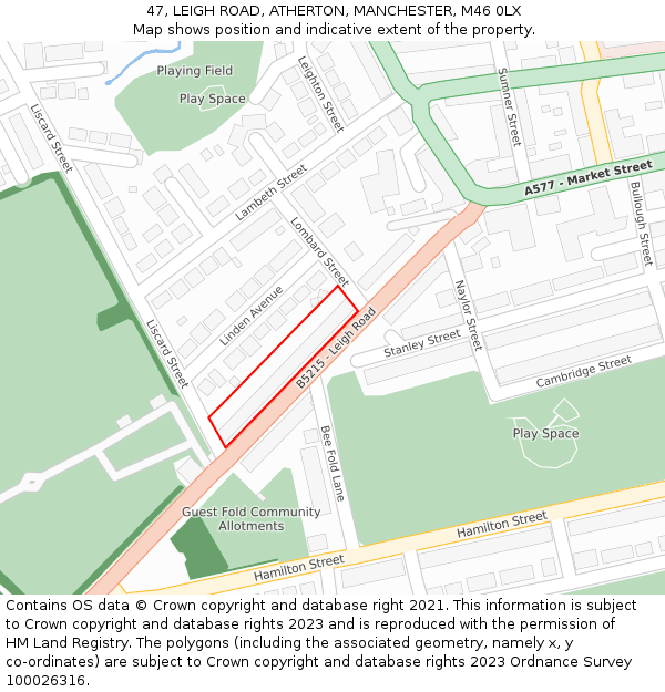 47, LEIGH ROAD, ATHERTON, MANCHESTER, M46 0LX: Location map and indicative extent of plot