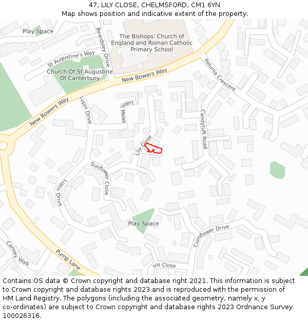 47, LILY CLOSE, CHELMSFORD, CM1 6YN: Location map and indicative extent of plot