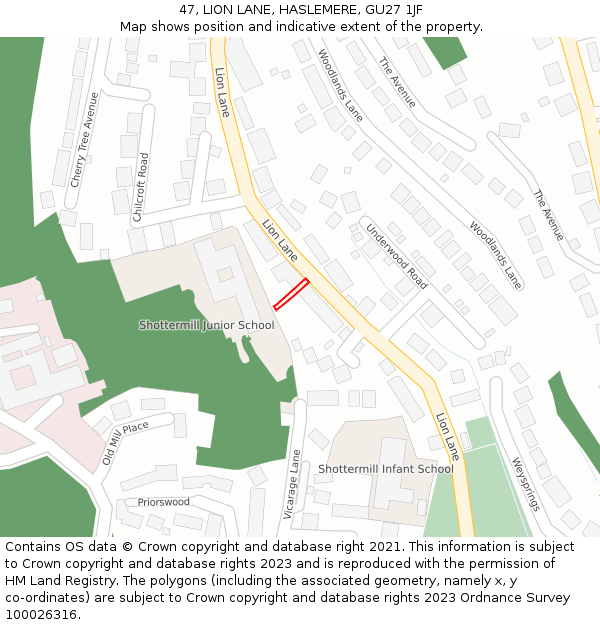 47, LION LANE, HASLEMERE, GU27 1JF: Location map and indicative extent of plot