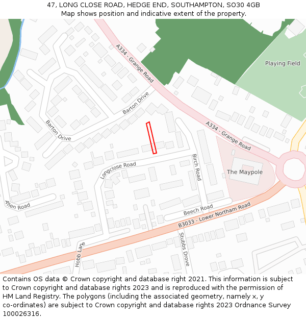 47, LONG CLOSE ROAD, HEDGE END, SOUTHAMPTON, SO30 4GB: Location map and indicative extent of plot