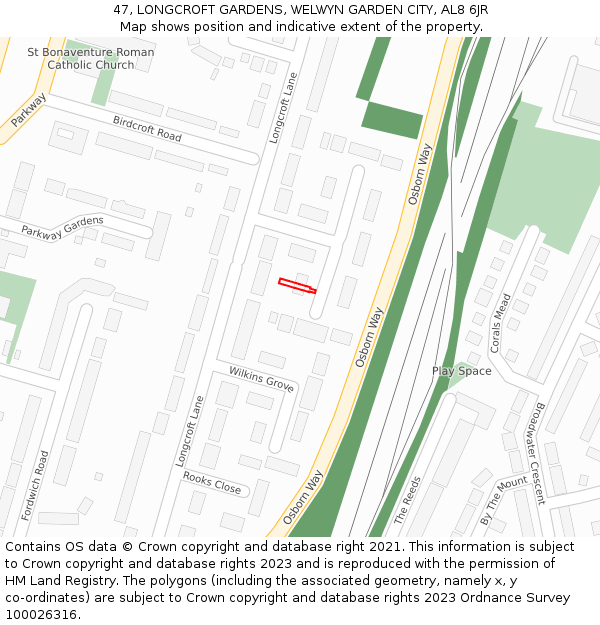 47, LONGCROFT GARDENS, WELWYN GARDEN CITY, AL8 6JR: Location map and indicative extent of plot