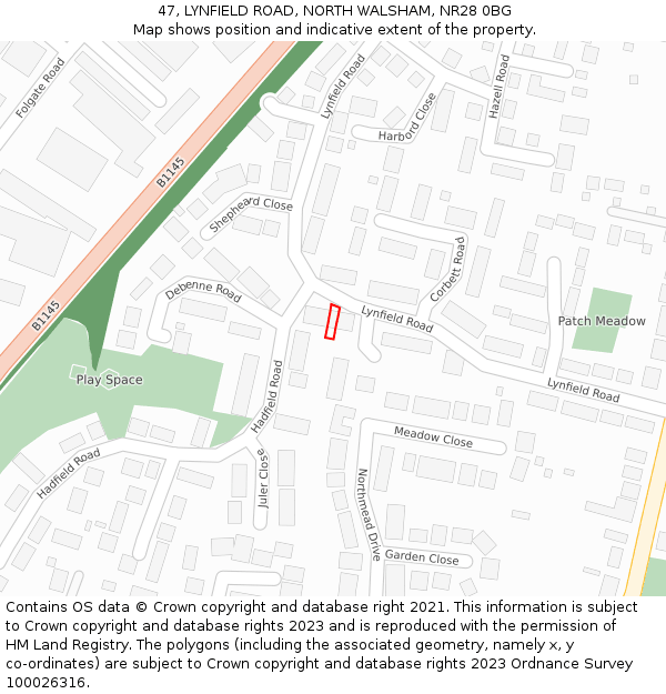 47, LYNFIELD ROAD, NORTH WALSHAM, NR28 0BG: Location map and indicative extent of plot