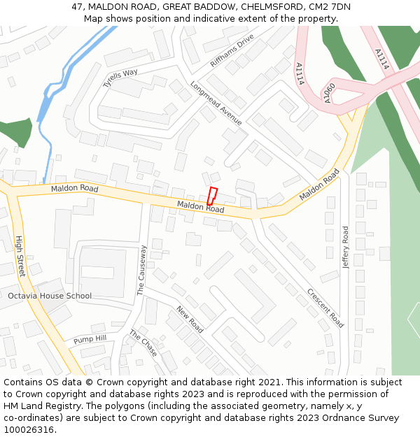 47, MALDON ROAD, GREAT BADDOW, CHELMSFORD, CM2 7DN: Location map and indicative extent of plot