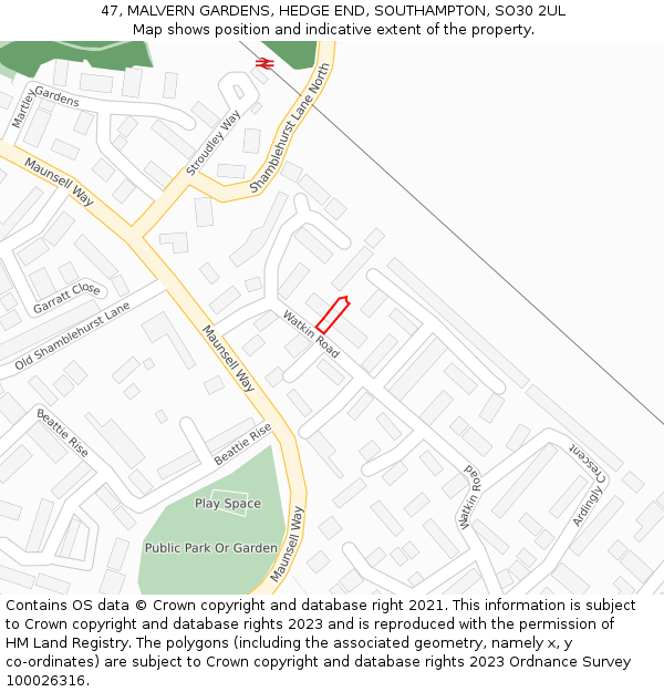 47, MALVERN GARDENS, HEDGE END, SOUTHAMPTON, SO30 2UL: Location map and indicative extent of plot