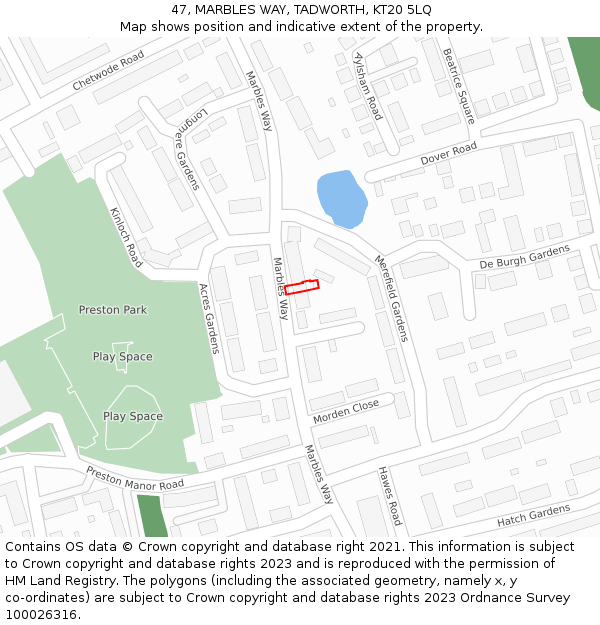 47, MARBLES WAY, TADWORTH, KT20 5LQ: Location map and indicative extent of plot