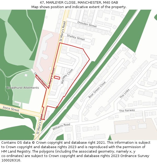 47, MARLEYER CLOSE, MANCHESTER, M40 0AB: Location map and indicative extent of plot
