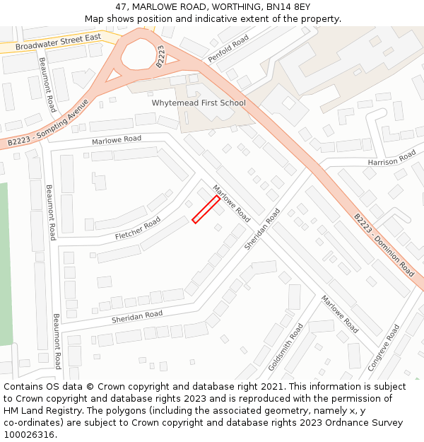 47, MARLOWE ROAD, WORTHING, BN14 8EY: Location map and indicative extent of plot