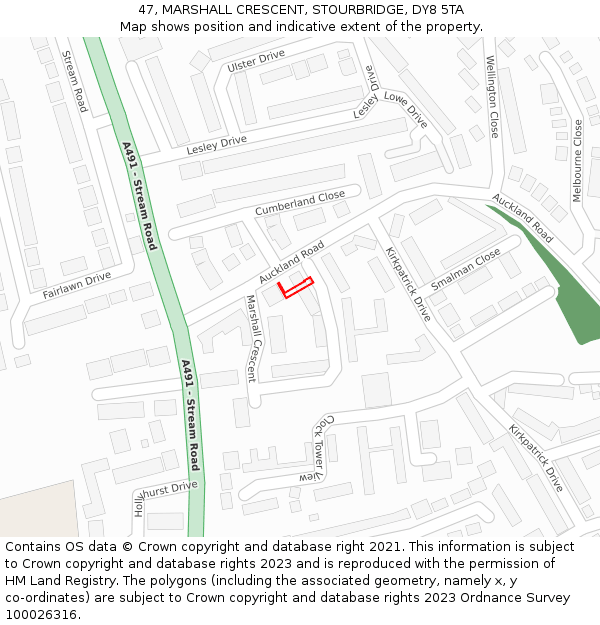47, MARSHALL CRESCENT, STOURBRIDGE, DY8 5TA: Location map and indicative extent of plot