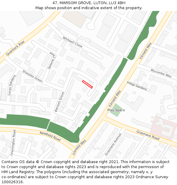 47, MARSOM GROVE, LUTON, LU3 4BH: Location map and indicative extent of plot