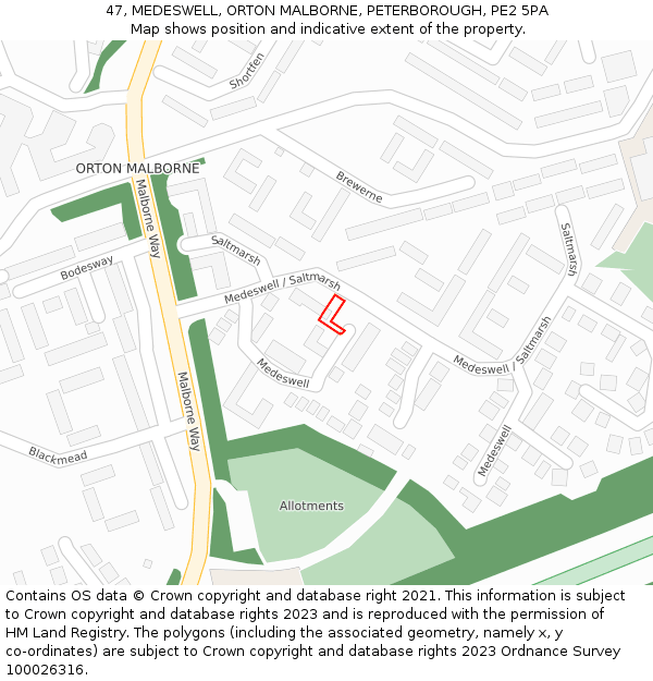 47, MEDESWELL, ORTON MALBORNE, PETERBOROUGH, PE2 5PA: Location map and indicative extent of plot