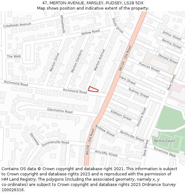 47, MERTON AVENUE, FARSLEY, PUDSEY, LS28 5DX: Location map and indicative extent of plot
