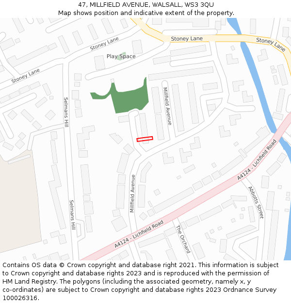 47, MILLFIELD AVENUE, WALSALL, WS3 3QU: Location map and indicative extent of plot