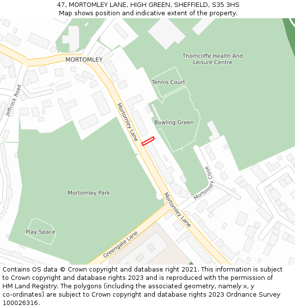 47, MORTOMLEY LANE, HIGH GREEN, SHEFFIELD, S35 3HS: Location map and indicative extent of plot
