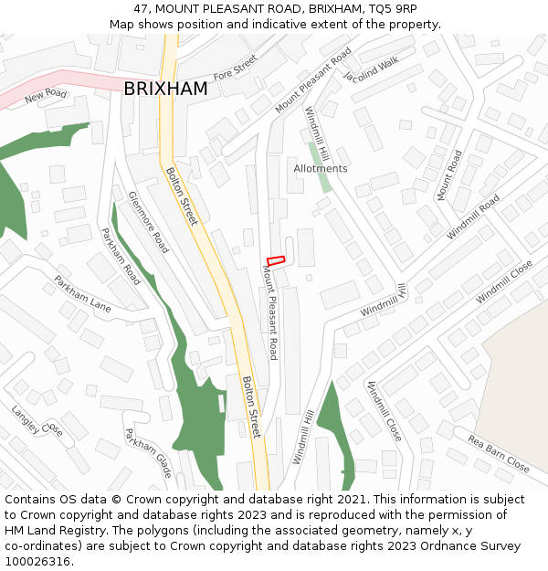 47, MOUNT PLEASANT ROAD, BRIXHAM, TQ5 9RP: Location map and indicative extent of plot