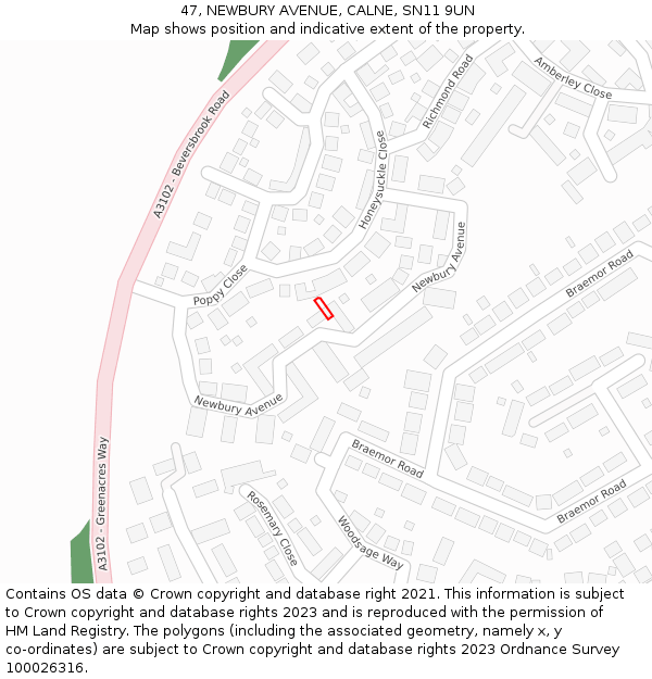 47, NEWBURY AVENUE, CALNE, SN11 9UN: Location map and indicative extent of plot