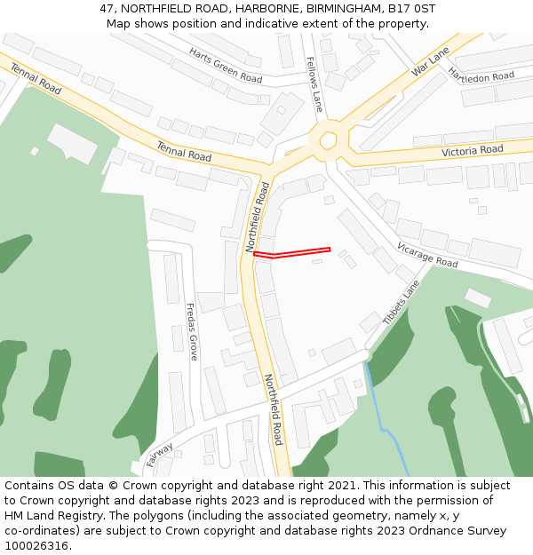 47, NORTHFIELD ROAD, HARBORNE, BIRMINGHAM, B17 0ST: Location map and indicative extent of plot