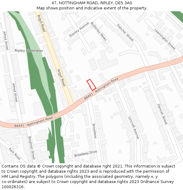 47, NOTTINGHAM ROAD, RIPLEY, DE5 3AS: Location map and indicative extent of plot
