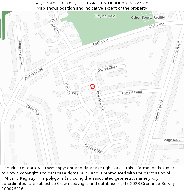 47, OSWALD CLOSE, FETCHAM, LEATHERHEAD, KT22 9UA: Location map and indicative extent of plot