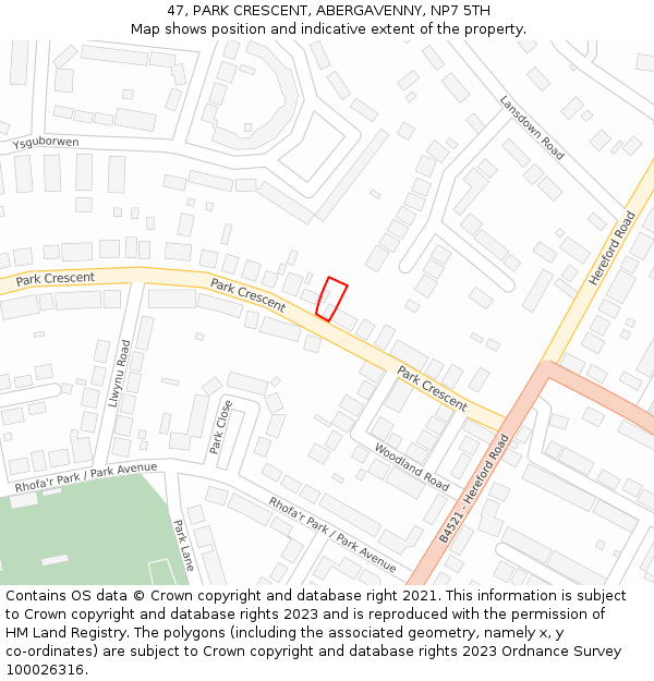 47, PARK CRESCENT, ABERGAVENNY, NP7 5TH: Location map and indicative extent of plot